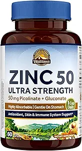 Vitalitown Chelated Zink 50 mg, Zinkpicolinat & Gluconat, 60 Veggie kapsler, Well- Absorberet, immunsystem, Sund Hud & Udvikling, Vegan, NO Gluten, Non- GMO