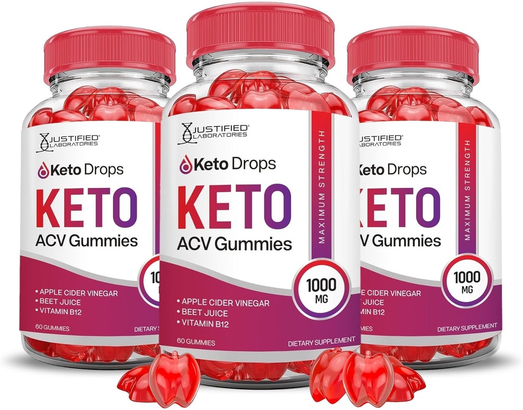 Justified Laboratories (3 Pack Keto Drops Keto ACV Gummies Formel 1000MG Keto Drops Keto Gummies Apple Cider Vinagar Formuleret med Pomegranate Beet Juice Powder B12 Vegan Non GMO 180 Gummys