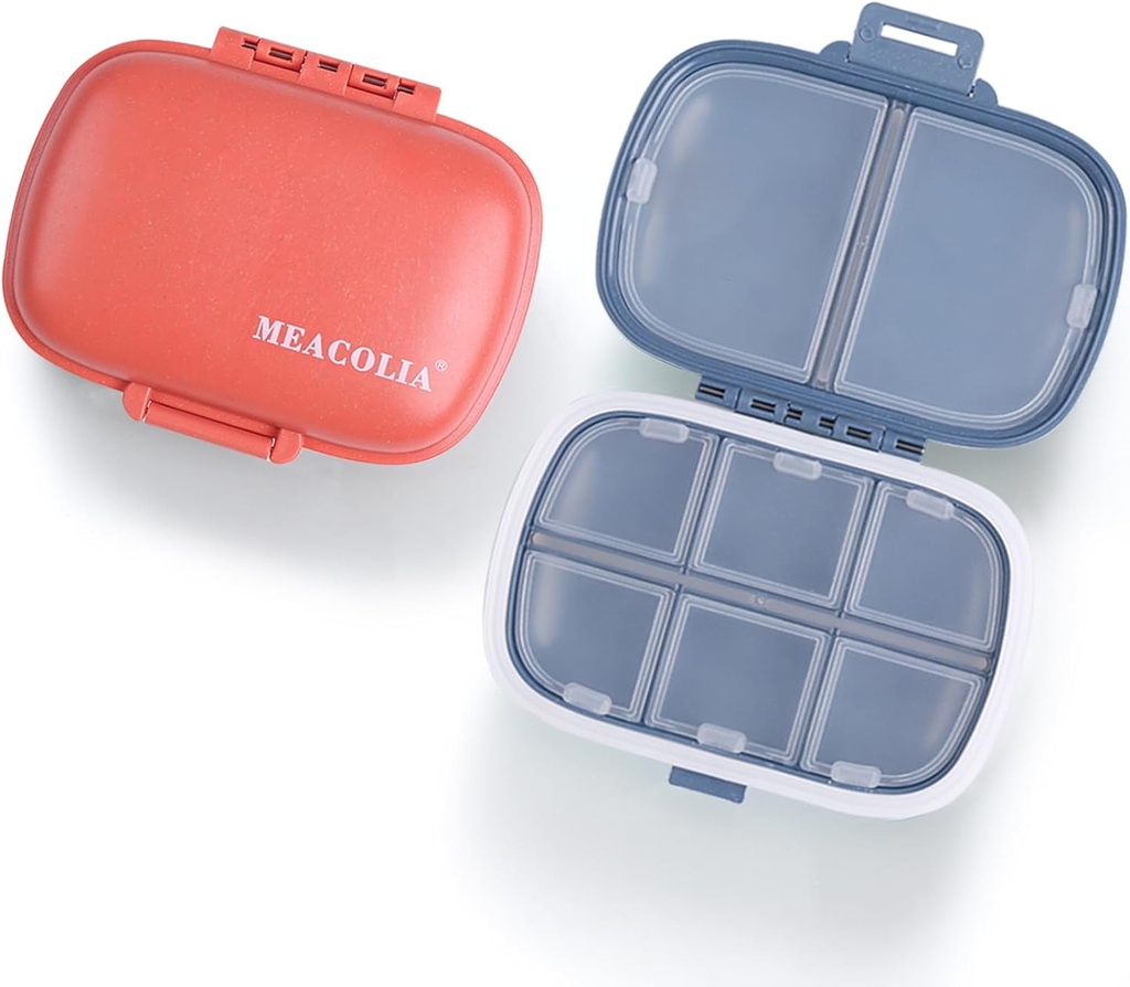 MEACOLIA 2 Pack 8 Compartments Travel Pill Organizer Box Fugtighedsbevis Lille Pill sag for Pocket Purse Daily Pill Holder Container for Medicine Vitamin (mørk blå & rød)