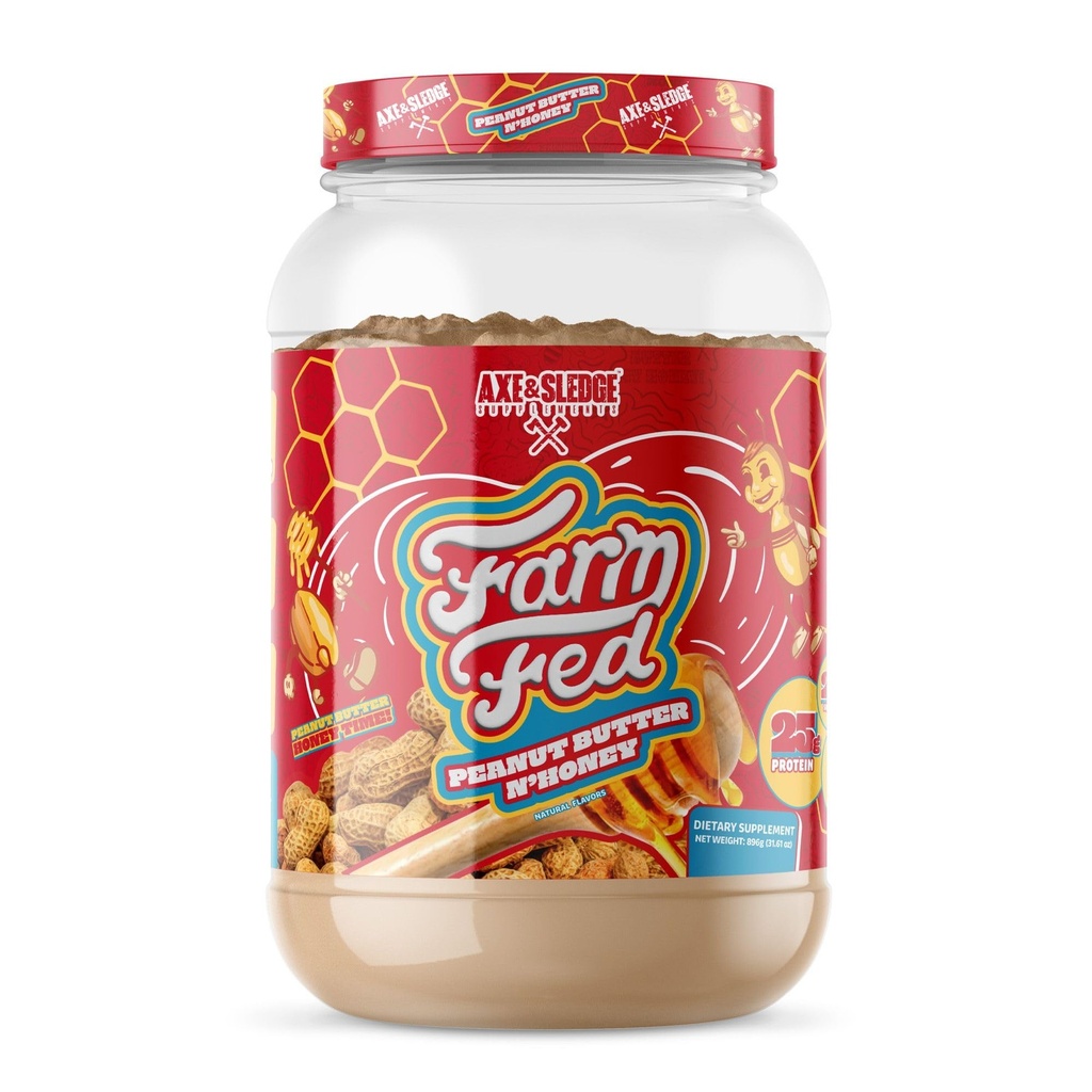 Axe & Sledge Farm Fed 100% Whey Protein Isolate Measures 124; 25g Protein Measures 124; Lavcarb, Lavsukker, Gluten Free Measures 124; Protein Powder for Mænd og Kvinder Measures 124; Keto Measures 124; Lavcarb, Peanut Butter N 'Honning