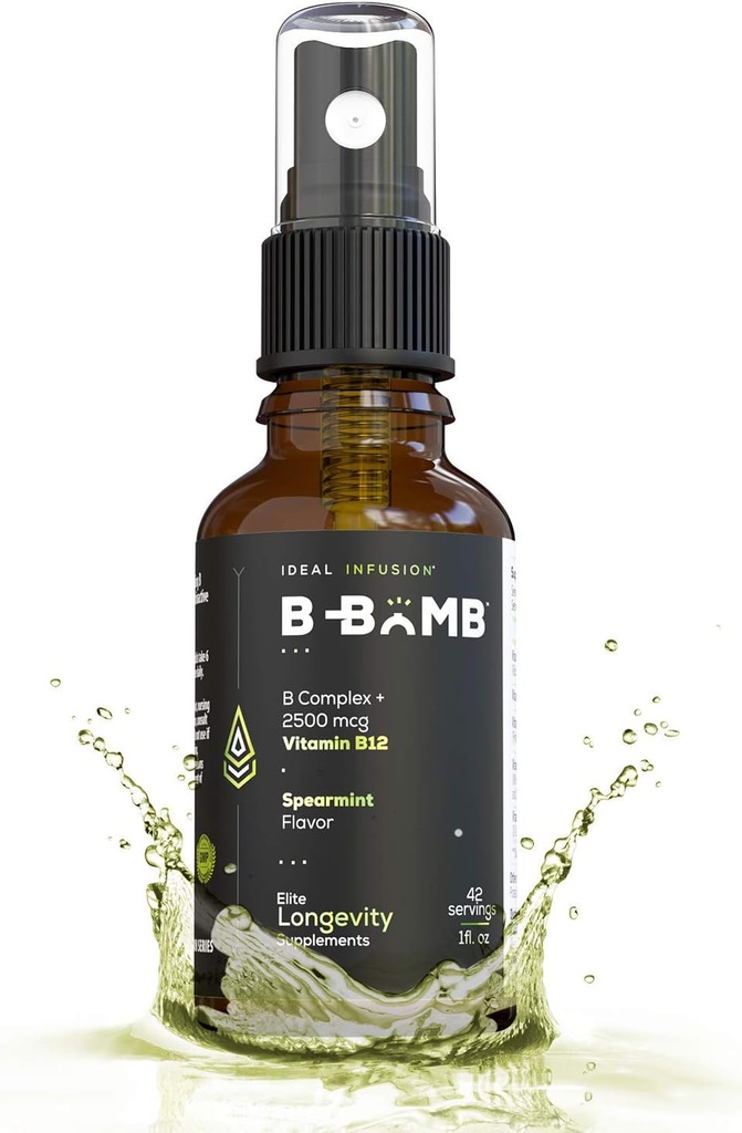 B- Bomb Vitamin B12 + B Complex Flydende Spray: Methylcobalamin med Adenosylcobalamin: Energy & Mood Support, Sugar- Free, Vegan, Organic Spearmint Flavor