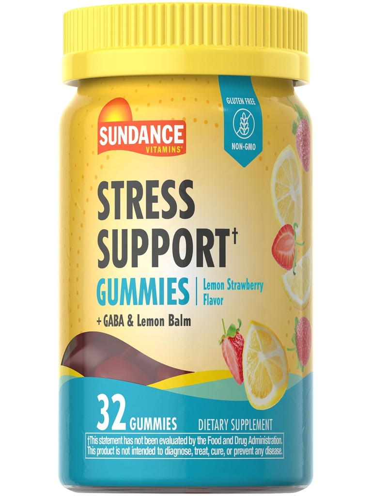 Sundance Stress Support Gummees 124; 32 Greve Budding 124; med GABA og Lemon Balm Buddy 124; Lemon Strawberry Flavor 124; Non- GMO og Gluten Free Supplement