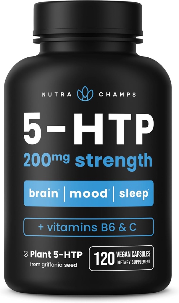 NutraChamps 5- HTP 200mg, 120 Vegankapsler, Pure 5HTP 100mg Plus Co- faktorer Vitamin B6 & C