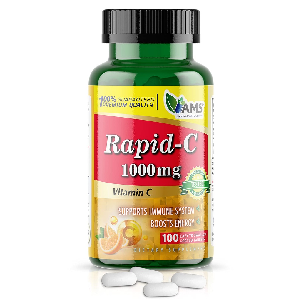 America Medic & Science Rapid- C 1000mg C-vitamin tillæg (1 pakke med 100 tabletter) Energy Booster, Daglig immunsystem støtte, Antioxidant stålet 124; Vegan, Non- GMO coated Ascorbic Acid til voksne mænd og kvinder
