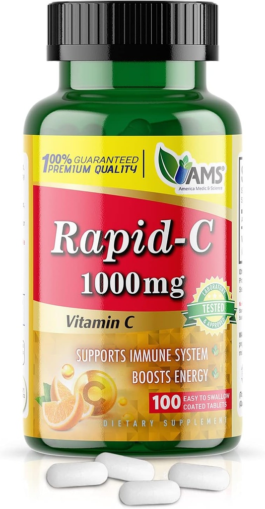 America Medic & Science Rapid- C 1000mg C-vitamin tillæg (1 pakke med 100 tabletter) Energy Booster, Daglig immunsystem støtte, Antioxidant stålet 124; Vegan, Non- GMO coated Ascorbic Acid til voksne mænd og kvinder