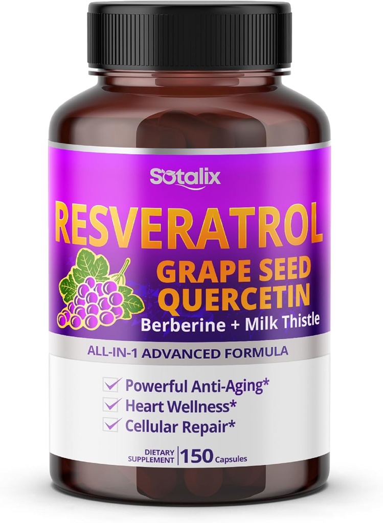 Resveratrol med Grape Seed + Quercetin Berberine + Milk Thistle Kraftfuld Anti- Aging - USA Made & Testet (150-dages levering (pakke med 1))