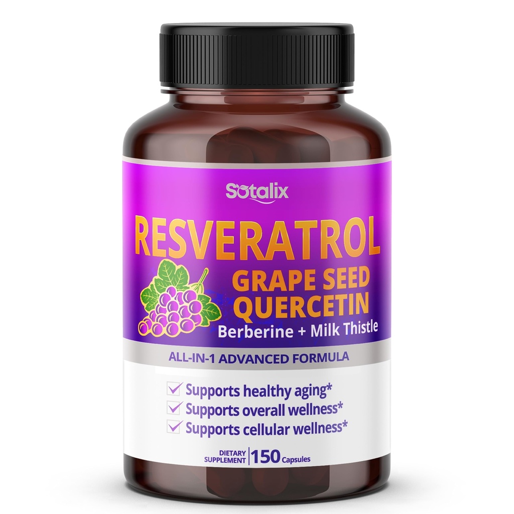 Resveratrol med Grape Seed + Quercetin Berberine + Milk Thistle Kraftfuld Anti- Aging - USA Made & Testet (150-dages levering (pakke med 1))