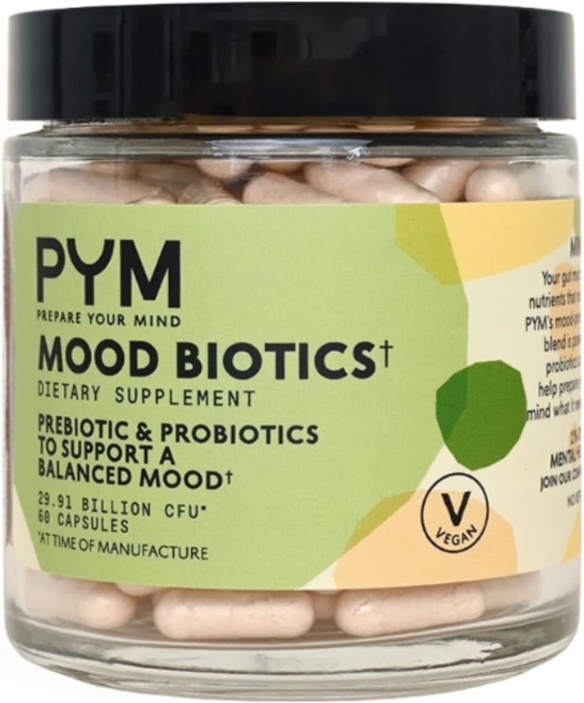 Prebiotika og Probiotika Mood Biotics af PYM med 22,91 Millioner CFU (60 Greve) Gut Health & Mood Support Supplement: 124; Non- GMO, Vegan, Gluten Free