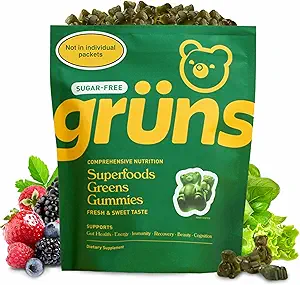 Gruns Voksen Sugar- Gratis Super Green Gummies - Superfood Gummy Bears med Spirulina, Chlorella, Fiber & Prebiotics til fordøjelsessygdomme, Adaptogen supplement med 20 vitaminer og mineraler, 2 ugers forsyning