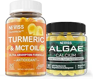 NEVISS Sugar Free Turmeric Curcumin Gummies + Marine Algae Calcium Supplement 600mg, High Absorption, Vegan