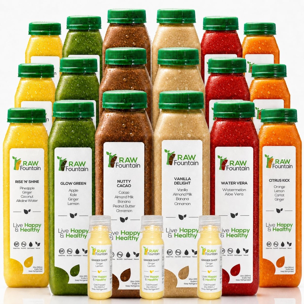 3 Dag Protein Juice Cleanse af rå springvand, Alle naturlige rå Detox Rense, Kold presset Frugt, Grøntsager, Vanilje og Chokolade Flavor, Tasty og Energizing, 18 Flasker 12oz, 3 Ginger Shots