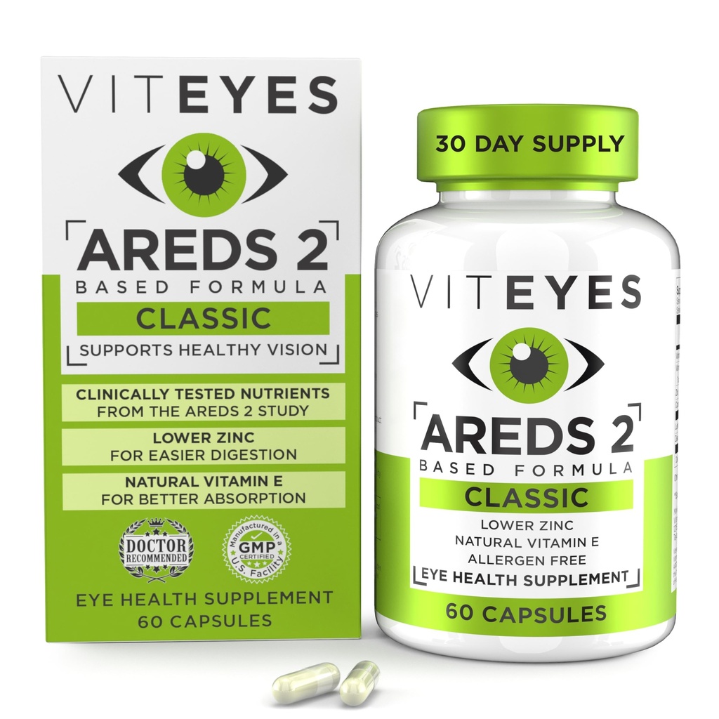 Vitøjne AREDS 2 Eye Vitaminer, Classic Macular Support, Allergen Free Kapsler, med naturlige E-vitamin, C-vitamin, zink, kobber, Lutein & Zeaxanthin, Eye Doctor Trusted, Fremstillet i USA, 60 Ct