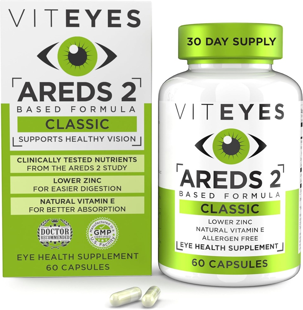 Vitøjne AREDS 2 Eye Vitaminer, Classic Macular Support, Allergen Free Kapsler, med naturlige E-vitamin, C-vitamin, zink, kobber, Lutein & Zeaxanthin, Eye Doctor Trusted, Fremstillet i USA, 60 Ct