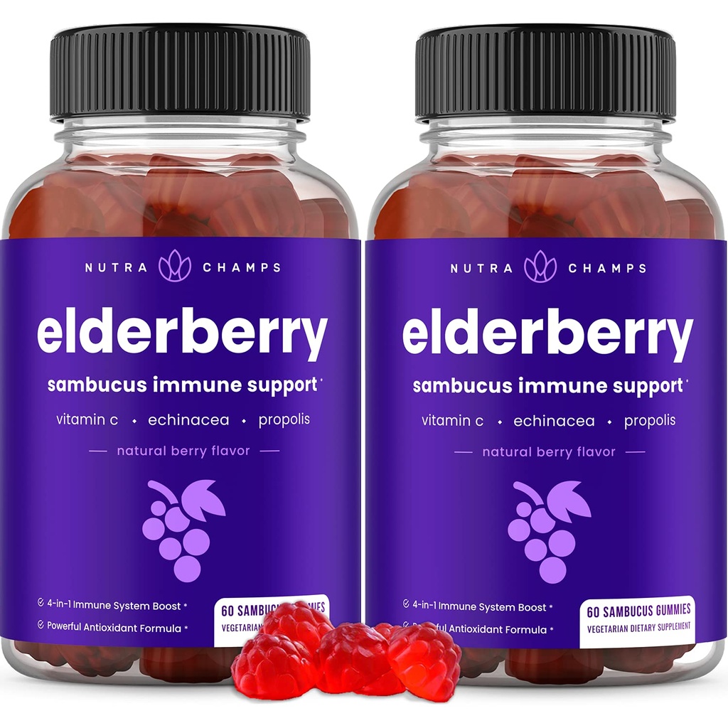 NutraChamps Elderberry Gummies, Sambucus Elderberry Gummies for voksne & Kids, C-vitamin, Propolis & Echinacea, Max Strength Immunsupport Gummies, Natural Berry Flavor, 120 Gummies (Pack of 2)