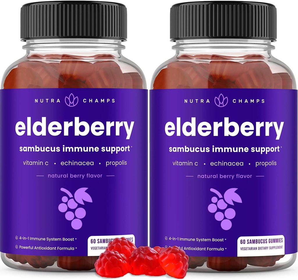 NutraChamps Elderberry Gummies, Sambucus Elderberry Gummies for voksne & Kids, C-vitamin, Propolis & Echinacea, Max Strength Immunsupport Gummies, Natural Berry Flavor, 120 Gummies (Pack of 2)