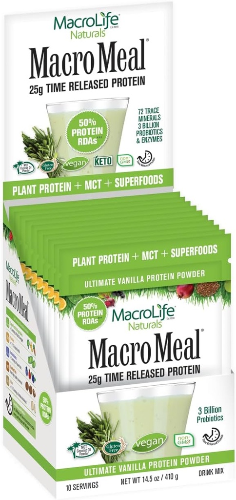 MacroLife Naturals MacroMeal Vegan Vanilla Superfood Supplement Powder Protein + Greens, Probiotika, fordøjelsesenzymer, Fiber - Energi, Detox, Immun- Non- GMO, Gluten- Free- 10 Packet Serveringer