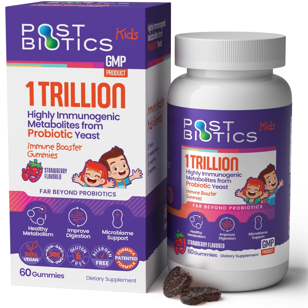 NAVEH PHARMA Postbiotika Kids Strawberry Gummies. Børns Postbiotika, alder 4 +, 1 Trillion metabolitter 200X Ingredienser end probiotika eller Prebiotika. Gut Sundhed, Immunitet, fordøjelse & mikrobiom