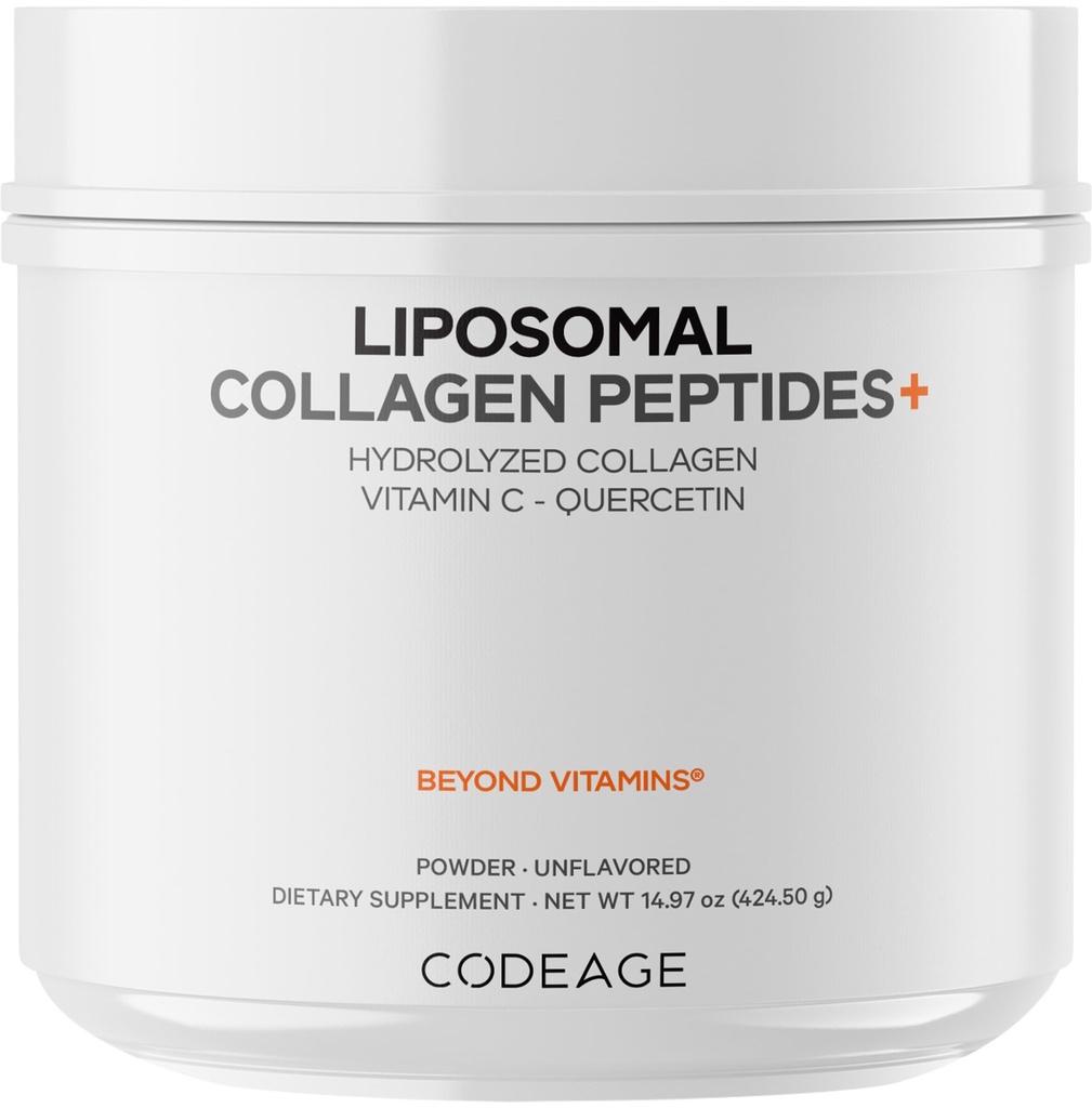 Kodeage Liposomal Collagen Peptider Pulver + C-vitamin & Quercetin, Phospholipid Complex, Grass- Fed Pasture- Raised Hydrolyzed Collagen Type I & III Supplement All- in- One, Non- GMO, 14.97 oz