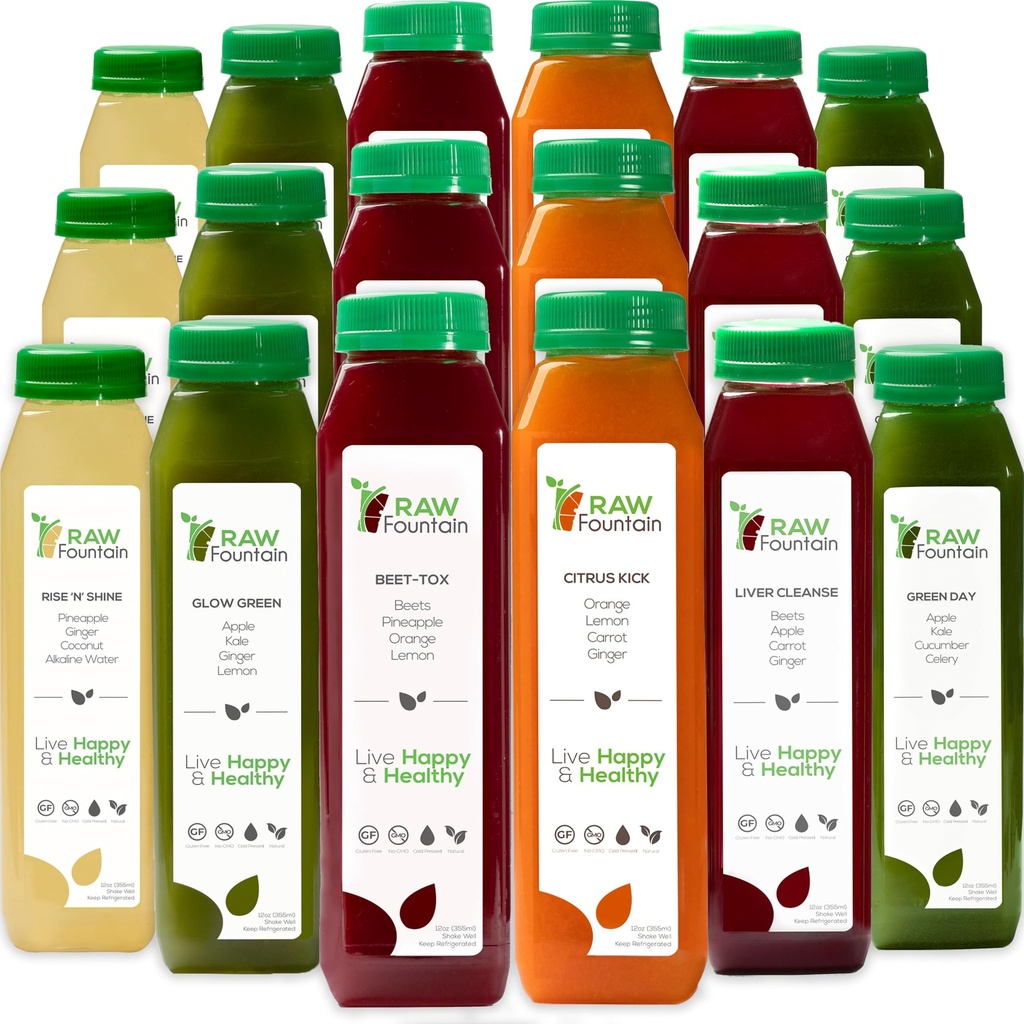 5 dages Juice Cleanse af Raw Fountain, All Natural Raw Detox Cleanse, Juicing for Body Rest, Cold Pressed Juice Fast, Great Way to Jumpstart a Sund Diet, 30 Flasker 12oz, 5 Ginger Shots