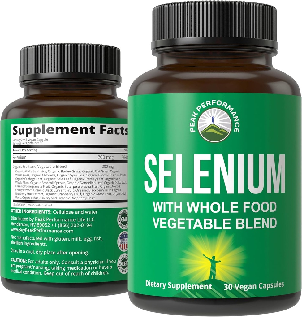 Selenium supplement med hel fødevareblanding på 25 + grøntsager og frugter til Max Absorption. Pure Selenium Vegan kapsler til immunsystemet, Thyroid Support, Heart Health, Prostata Support. 30 piller
