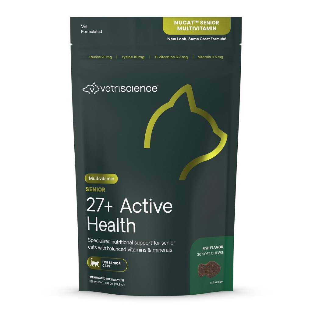 VetriScience Senior 27 + Aktive Health Chews, Nu Cat Daily Multivitamin for Senior Cats, Balancerede Vitaminer, Mineraler og Antioxidanter, Sund Aging og Wellness Support, Fisk, 30 Greve