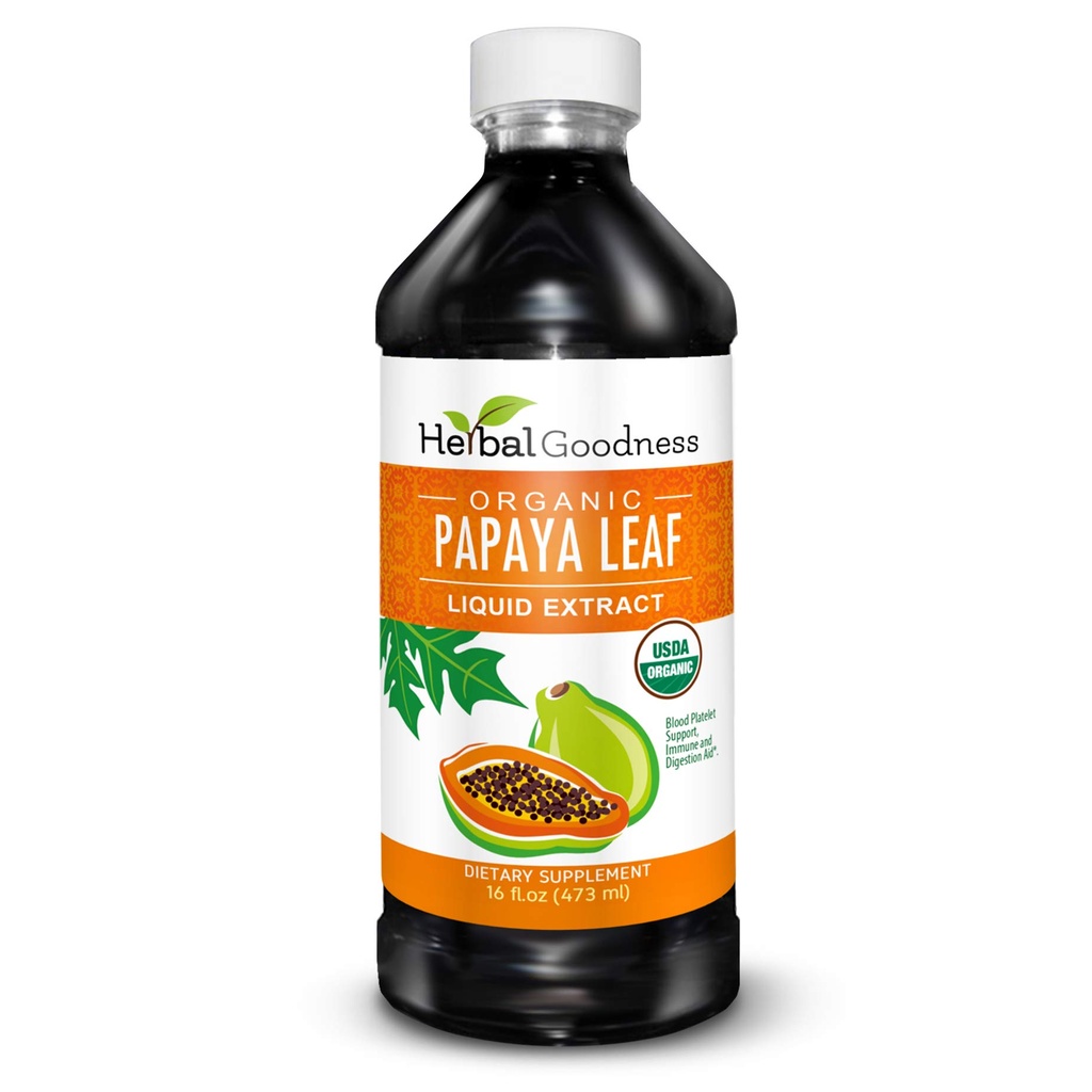 Herbal Goodness Papaya Leaf Extract Platelet Support - 15X blod platelet Boost, Knoglemarrow & Milt Support, Immunum & Gut Sundhed, fordøjelsesenzymer - Organic Kosher 16 oz Liquid Extract