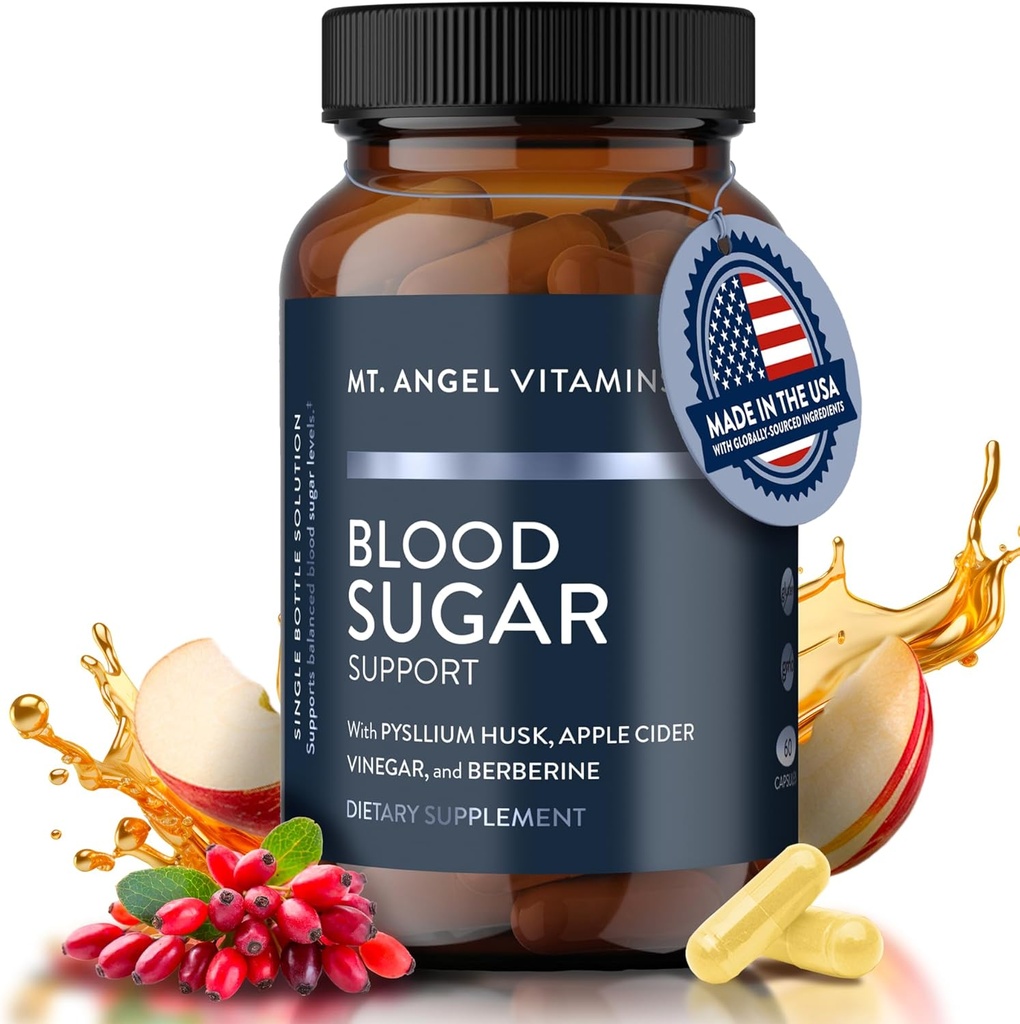 Mt. Angel Vitaminer Blood Sugar Support - Natural Supplement med Pysllium Husk, Berberine med Ceylon Cinnamon, og Apple Cider Vinagar - Understøtter sunde blodsukkerniveauer - 60 kapsler