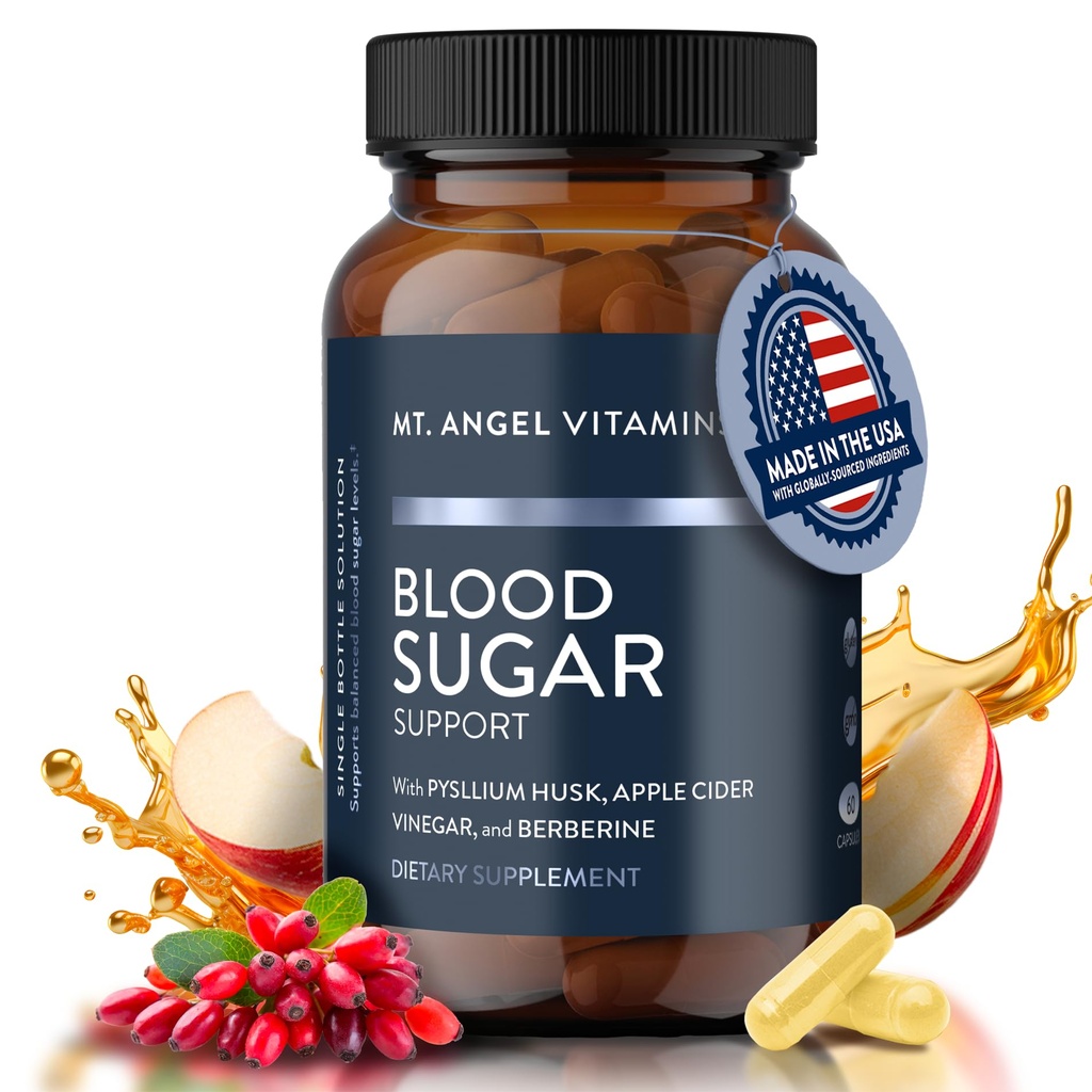Mt. Angel Vitaminer Blood Sugar Support - Natural Supplement med Pysllium Husk, Berberine med Ceylon Cinnamon, og Apple Cider Vinagar - Understøtter sunde blodsukkerniveauer - 60 kapsler