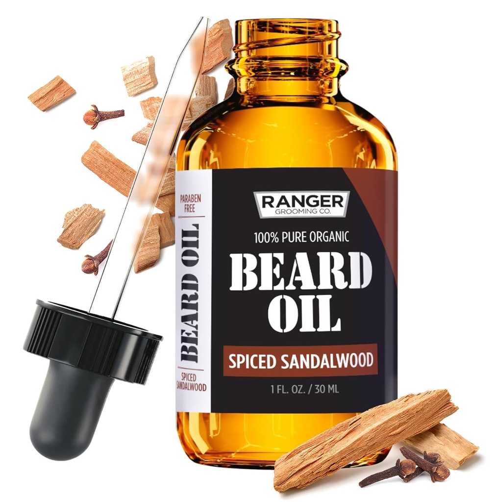 Leven Rose Spiced Sandalwood Beard Oil & Leave In Conditioner by Ranger Grooming Co, 100% Pure Natural Organic for Groomed Beards, Mustaches, og Moisturized Skin 1 oz