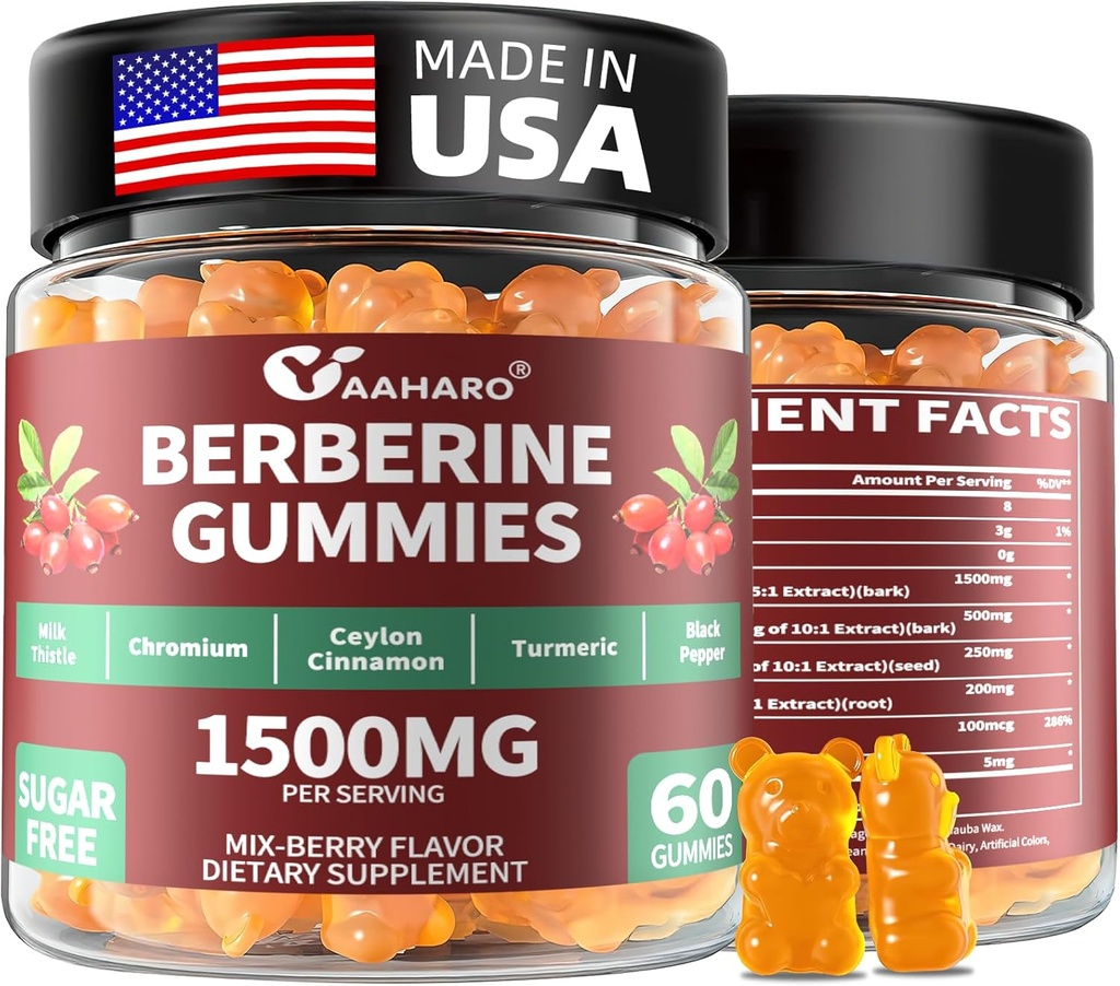 Berberine med Ceylon Kanel Gummies - 1500mg Berberine HCI tillæg med krom, gurkemeje og mælk tidsel - immunforsvar - for kvinder og mænd - 60 sukkerfri Gummies