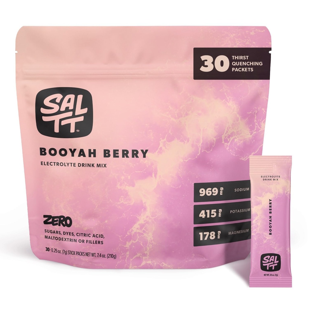 SALTT Electrolytes Powder Flavored Drink Mix - Booyah Berry - 30 Hydration Packets - Magnesium, Kalium, Natrium, Trace Minerals - Zero Sugar & Gluten Free - Rejser Essentials