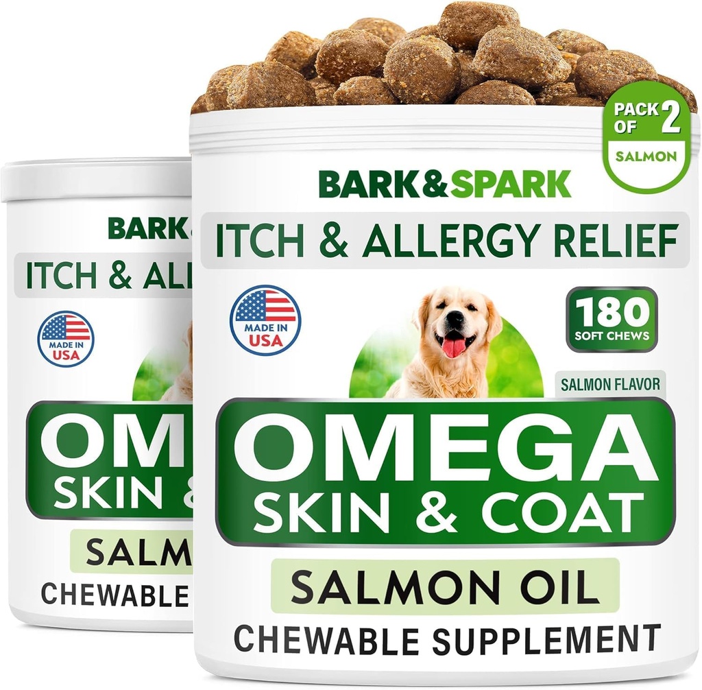 BARK & SPARK Omega 3 for hunde - 360 Fish Oil Treats for Hund Shedding, Hud Allergi, Itch Relief, Hot Spots Treatment - Fælles sundhed - Hud og Coat Supplement - EPA & DHA fedtsyrer - Lakseolie