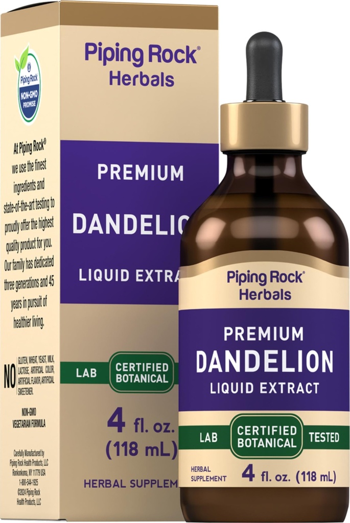 Piping Rock Dandelion Root Extract Liquid Drops | 4 fl oz | Premium Tincture Herbal Supplement | Alcohol Free | Vegetarian, Non-GMO, Gluten Free