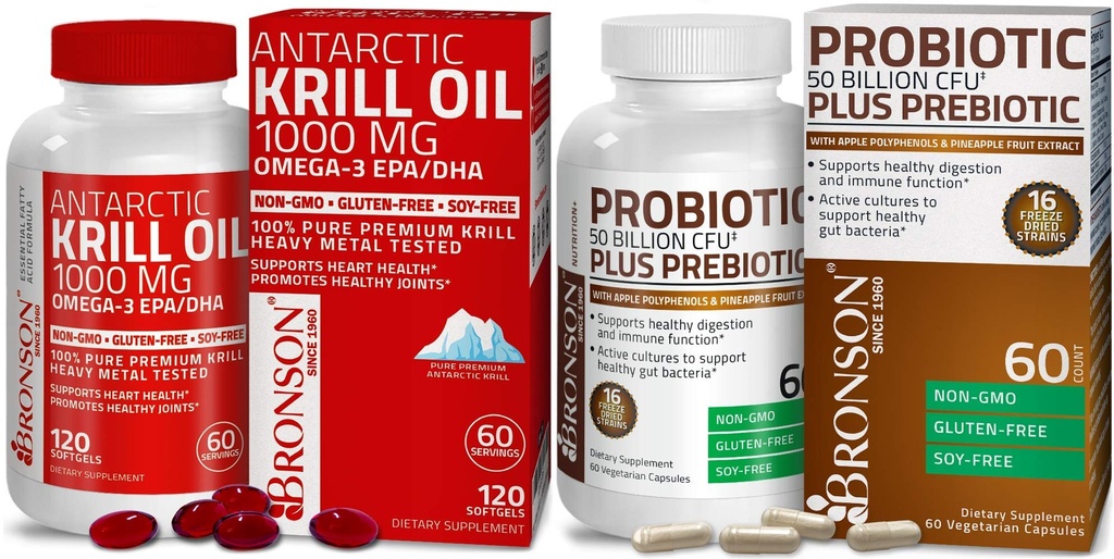 Bronson Probiotic 50 Millioner CFU + Prebiotic med Apple Polyphenoler & ananas frugt ekstraherede Antarktiske krill Oil 1000 mg med Omega- 3s EPA DHA