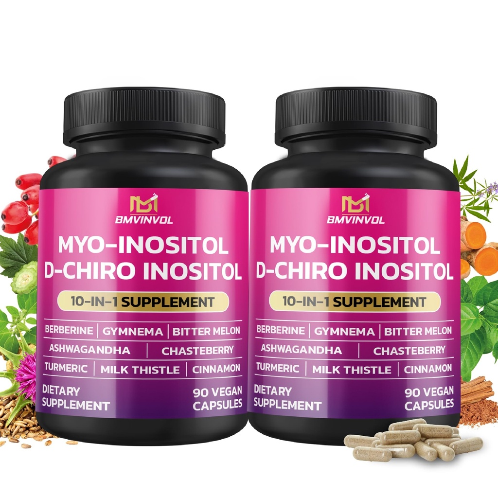 BMVINVOL 2 Pack Inositol Supplement- Myo- Inositol og D- Chiro Inositol Ideel 40: 1 Ratio - Plus Berberine, Kanel, Ashwagandha + 5 More- 60 Day Supply