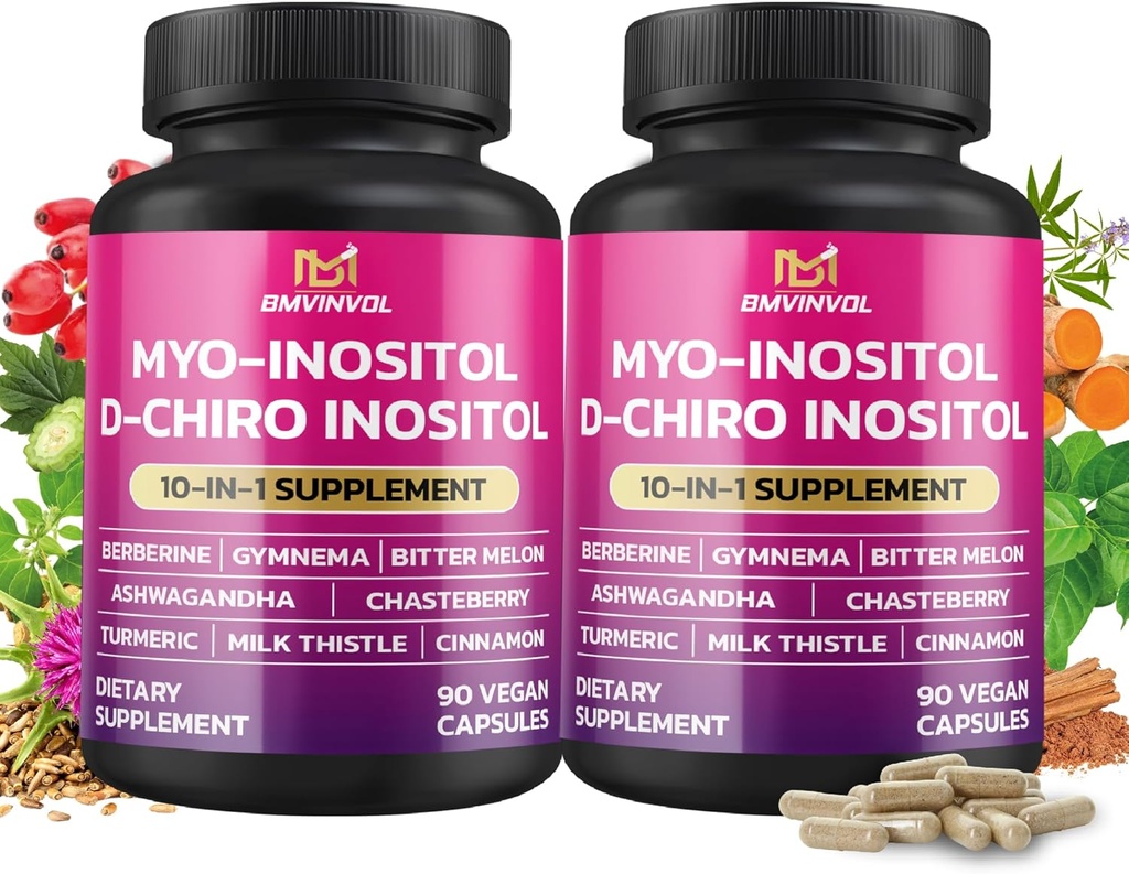 BMVINVOL 2 Pack Inositol Supplement- Myo- Inositol og D- Chiro Inositol Ideel 40: 1 Ratio - Plus Berberine, Kanel, Ashwagandha + 5 More- 60 Day Supply
