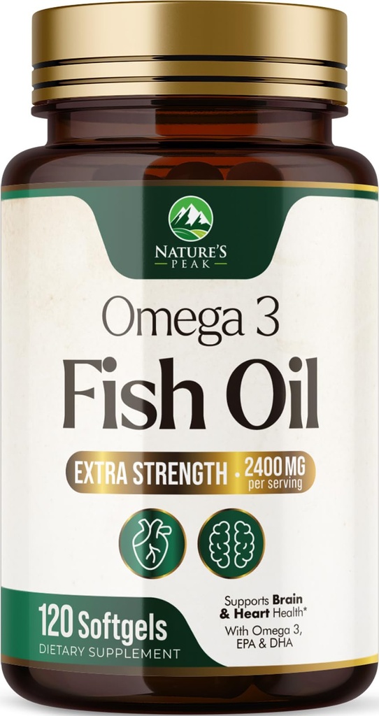 Omega 3 Fish Oil 2400 mg tillæg, Sustainable Sourced, Triple Strength Omega-3 tillæg Softgels, Brain Health Support, EPA & DHA Fish Oil Fedtsyrer Kosttilskud, Gluten & GMO Free, 120 Softgels