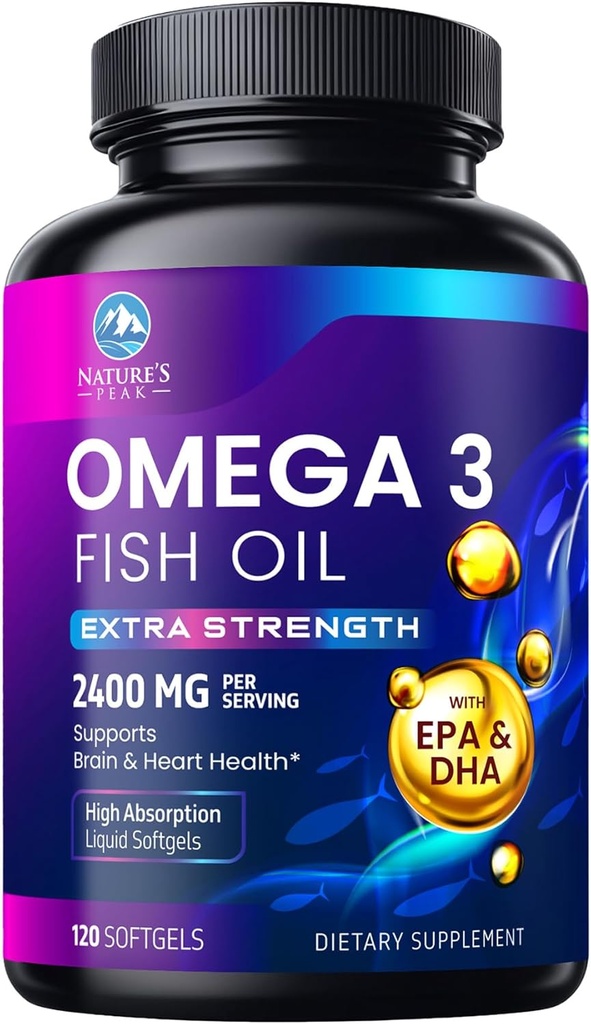 Omega 3 Fish Oil 2400 mg tillæg, Sustainable Sourced, Triple Strength Omega-3 tillæg Softgels, Brain Health Support, EPA & DHA Fish Oil Fedtsyrer Kosttilskud, Gluten & GMO Free, 120 Softgels