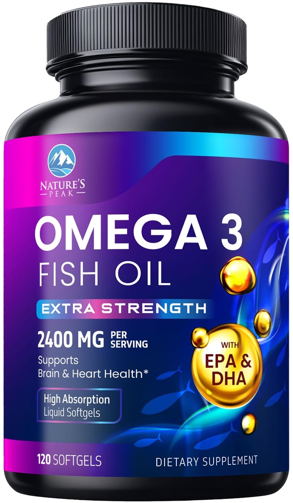 Omega 3 Fish Oil 2400 mg tillæg, Sustainable Sourced, Triple Strength Omega-3 tillæg Softgels, Brain Health Support, EPA & DHA Fish Oil Fedtsyrer Kosttilskud, Gluten & GMO Free, 120 Softgels