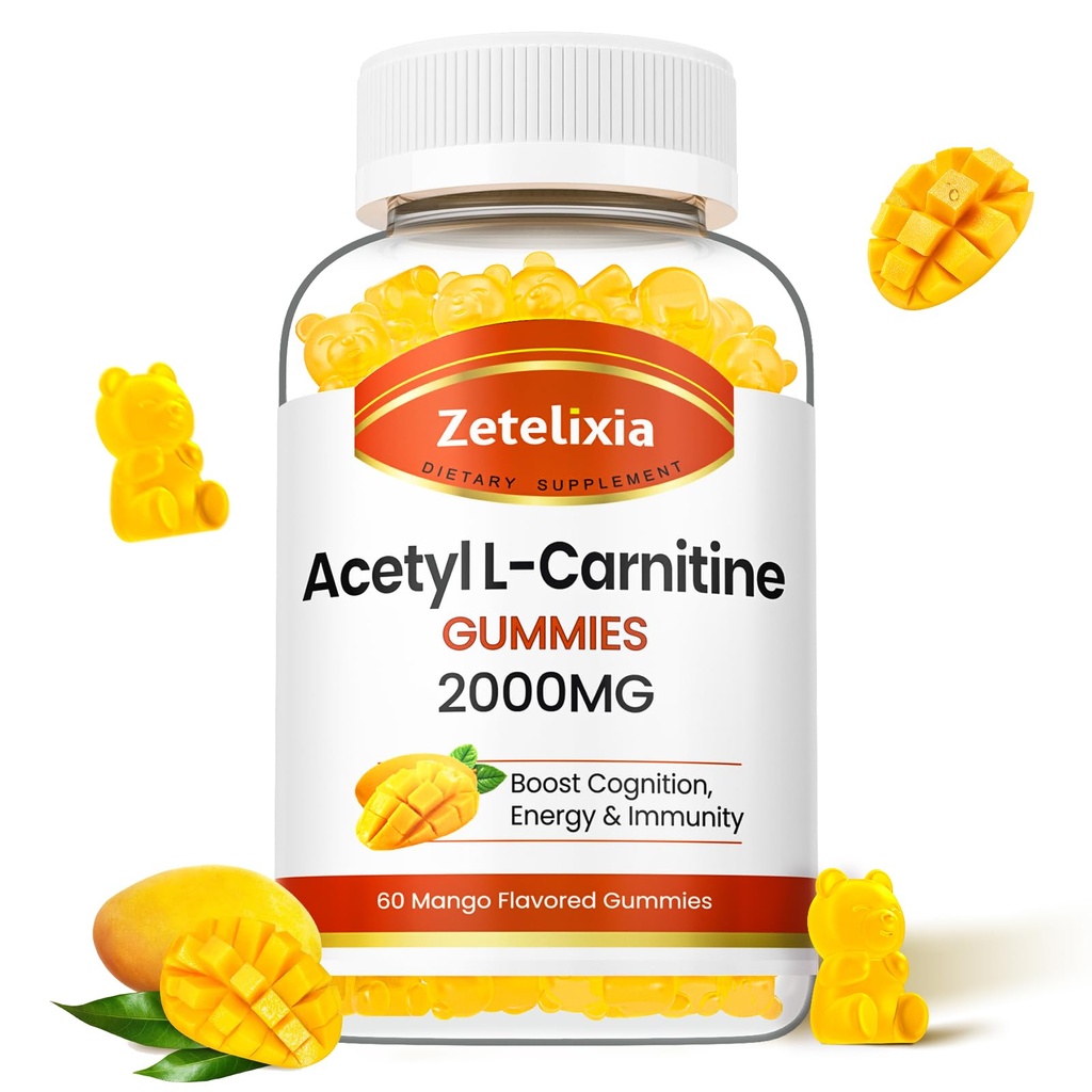 Acetyl L- Carnitin Gummies, L- Carnitin supplement for kvinder & mænd, Nutrition supplement for boost energi, immunitet & hjerne sundhed, Vegan, non-GMO, Mango Flavor, 60 Greve