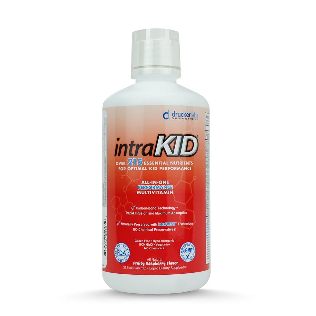 Drucker Labs Organic Liquid Multivitamin til børn, immunstøtte, Non GMO, Dairy Free, Gluten Free, Magnesium, Vitamin A, C, E, Zink, (32 oz., Fruity Hindbær)