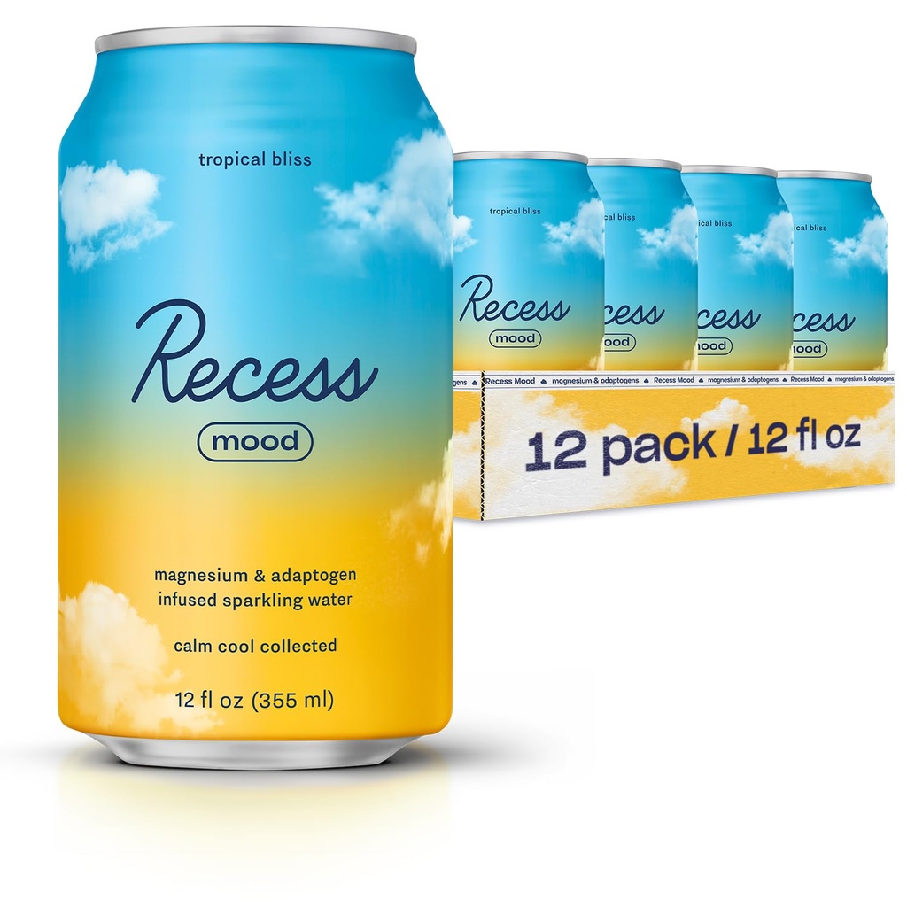 Recess Mood Magnesium & Adaptogen Drink, Relaxation Beverage, 12 Ounce (Tropical Bliss, 12 Pack)