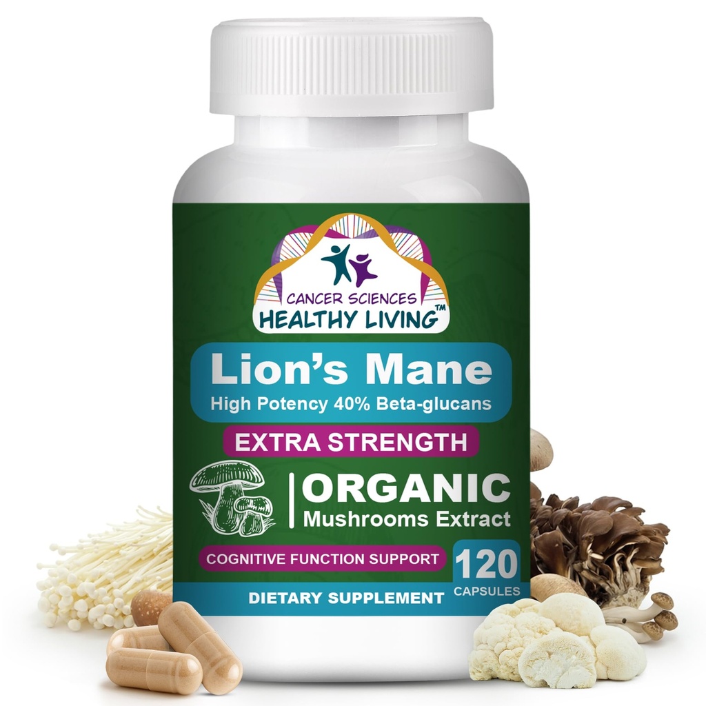 Cancer Sciences Organic Lions Mane Mushroom Supplement kapsler til mænd og kvinder - 1.500mg Brain Supplements for Memory & Focus - High Potency 40% Beta- Glucans - Nootrop Mushroom Complex, 120 Greve