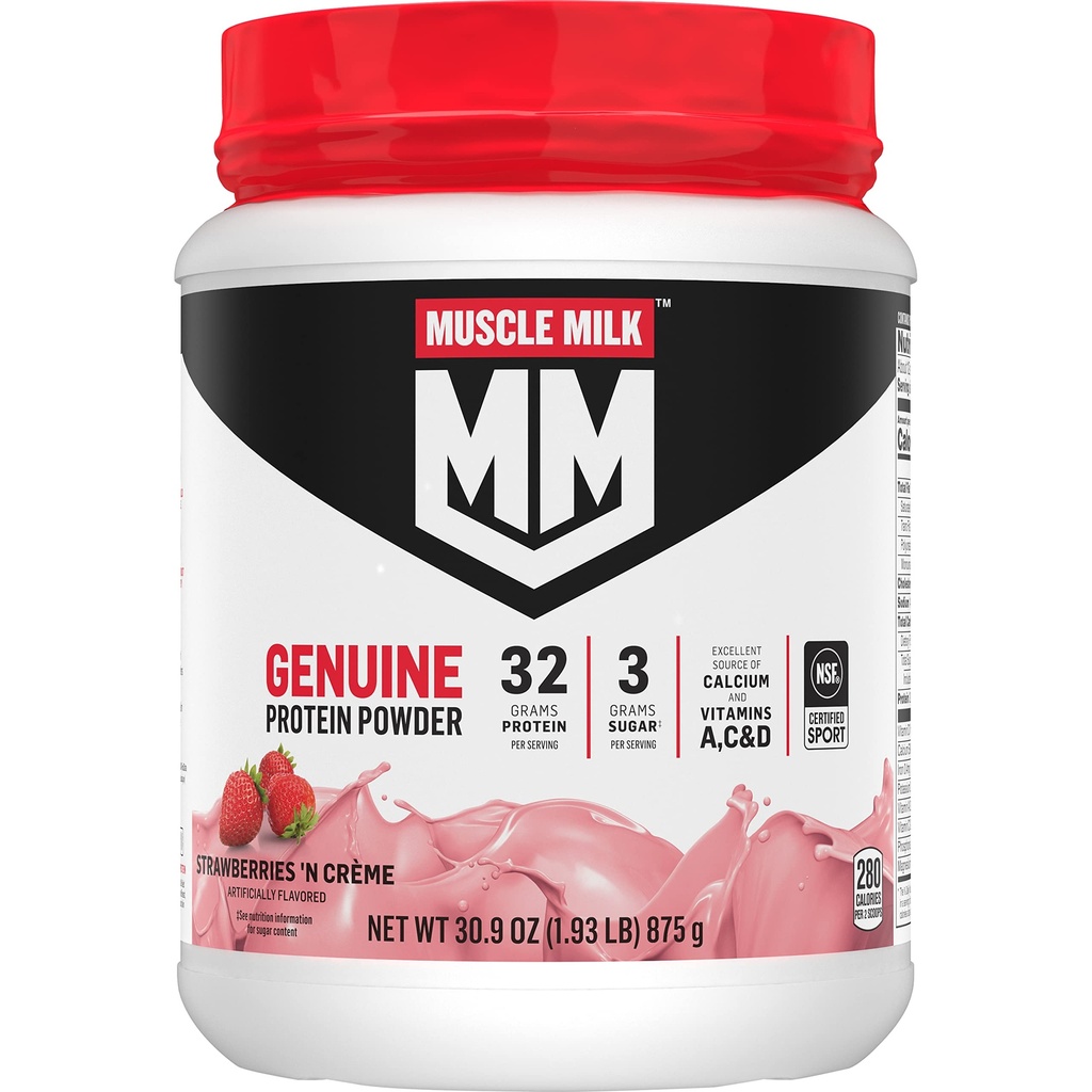 Muskelmælk Ægte protein pulver, Jordbær 'N Crème, 1,93 Pounds, 13 Servering, 32g Protein, 3g Sukker, Calcium, Vitamin A, C & D, NSF Certificeret til Sport, Energigivende Snack, Packaging May Vary