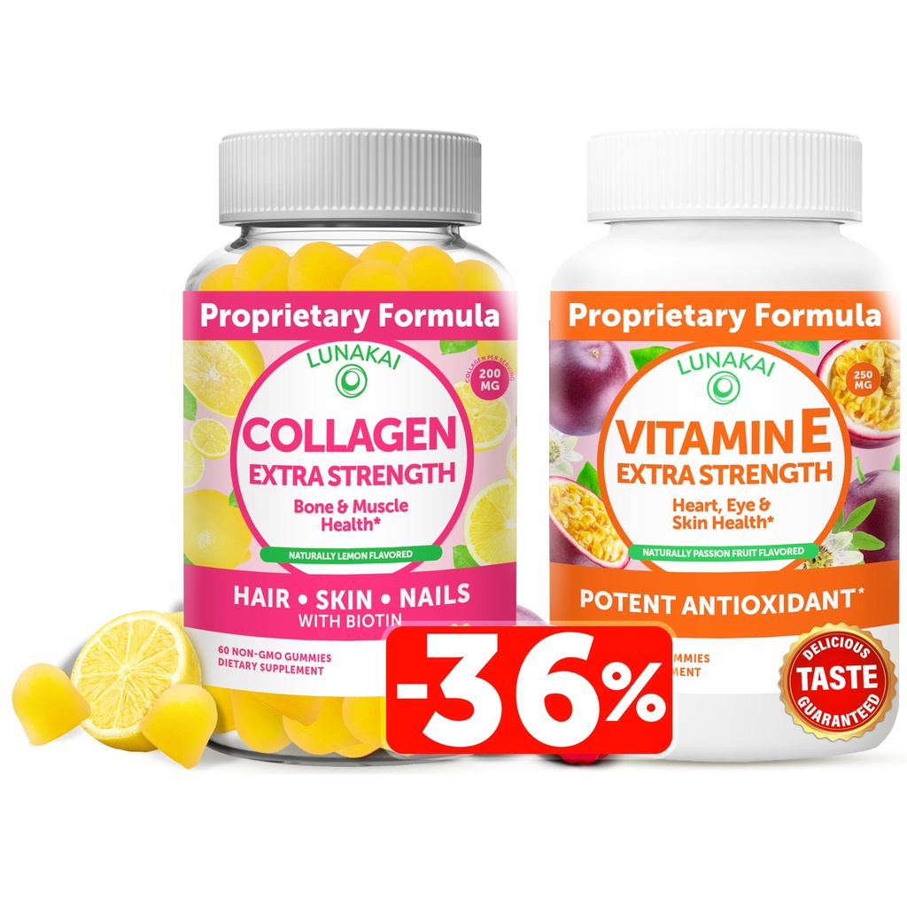 Lunakai Collagen og E-vitamin Gummies Bundle - Ikke-GMO Anti Aging Kosttilskud til mænd og kvinder - Natural Gummy med C-vitamin & 250 mg Natural VIT E