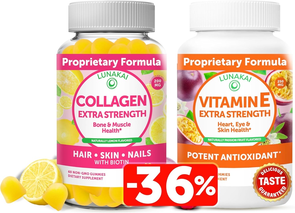 Lunakai Collagen og E-vitamin Gummies Bundle - Ikke-GMO Anti Aging Kosttilskud til mænd og kvinder - Natural Gummy med C-vitamin & 250 mg Natural VIT E