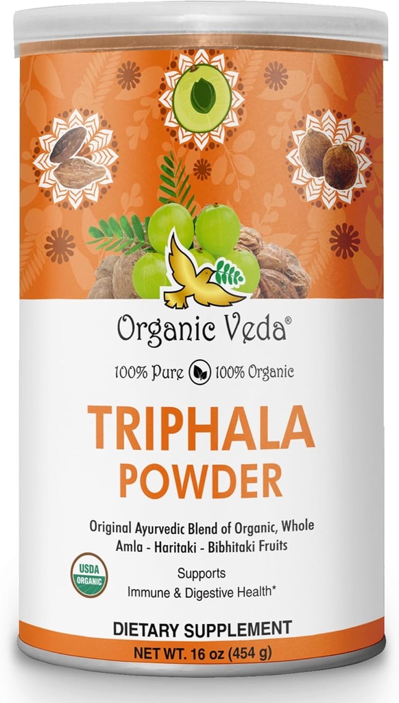 Organic Veda Triphala Powder med Amla, Haritaki, Bibhitaki Fruits - 100% Natural Ayurvedic Triphala Powder - Forbedrer immunforsvar, fordøjelse, Colon Cleanse, Hud Sundhed - Vegan, Non- GMO - 16oz