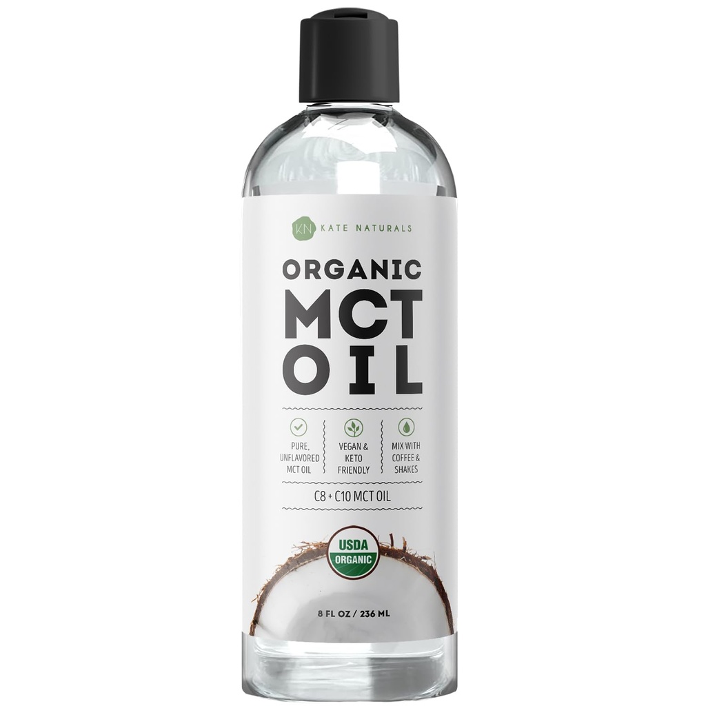 Kate Naturals MCT Oil til kaffe. Pure Coconut MCT C8 og C10 Oil (8oz, Organic, Unflavored)