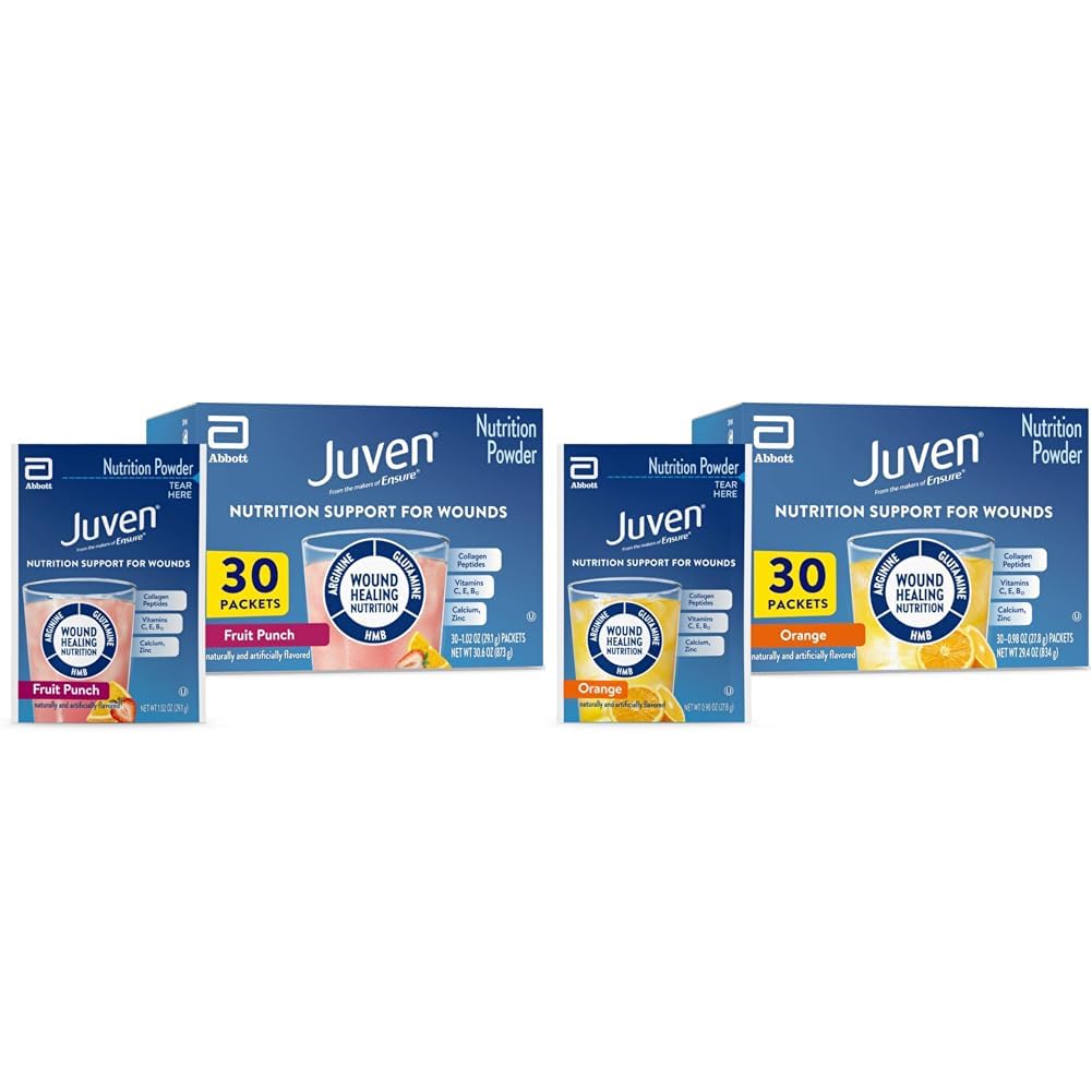 Juven Therapeutic Nutrition Drink Mix Pulver til Sår Healing Support, Inkluderer Collagen Protein, Orange 30 Count & Fruit Punch 30 Count, 60 samlede pakker