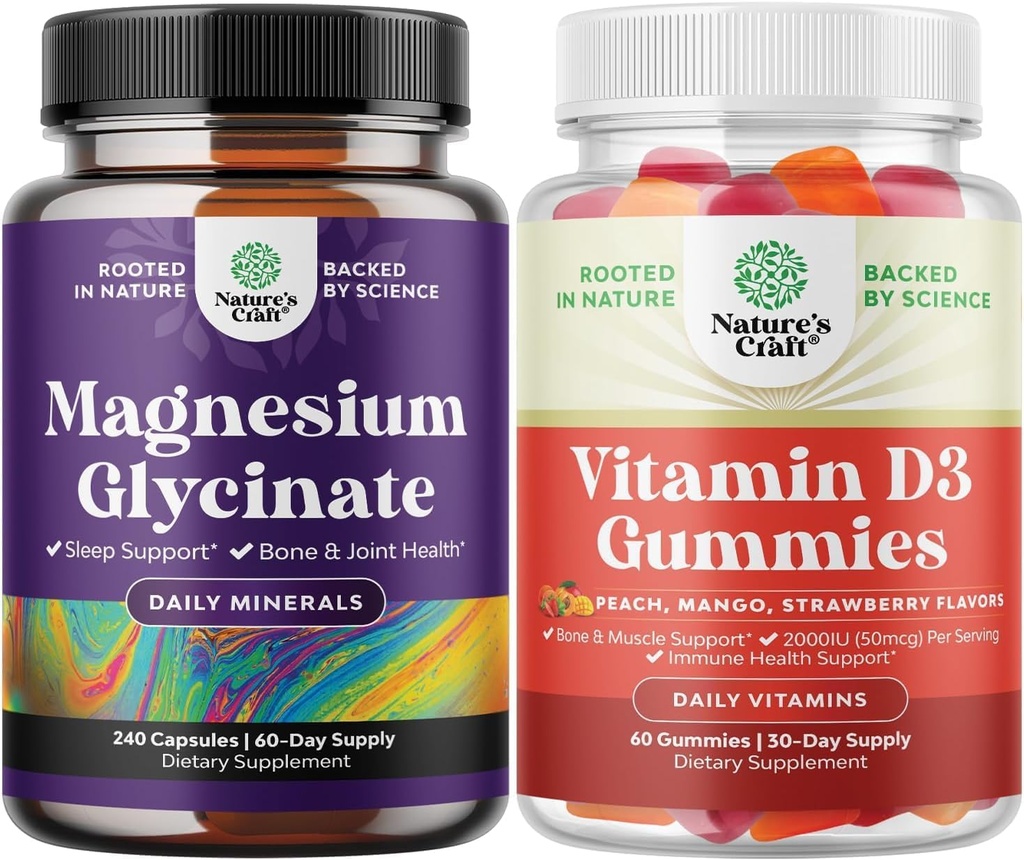 Bundle of Pure Magnesium Glycinate 400mg Per Serving for Mood Sleep and Relaxation 240ct and Vitamin D3 Gummies for Daily Wellness or Bone Muscle & Immune Support